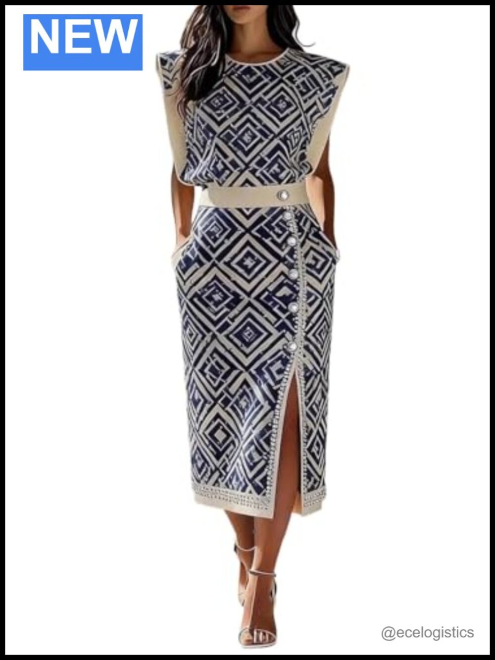 Women's 2 Piece Skirt Set Geometric Sleeveless Top & Slit Midi Skirt